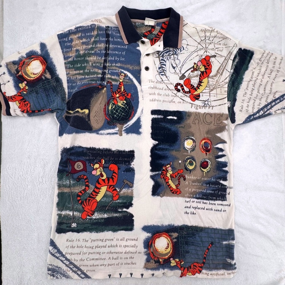 Vintage 1990s Disney Store Tigger Golf Polo All Over Print Mens XL Cotton AOP